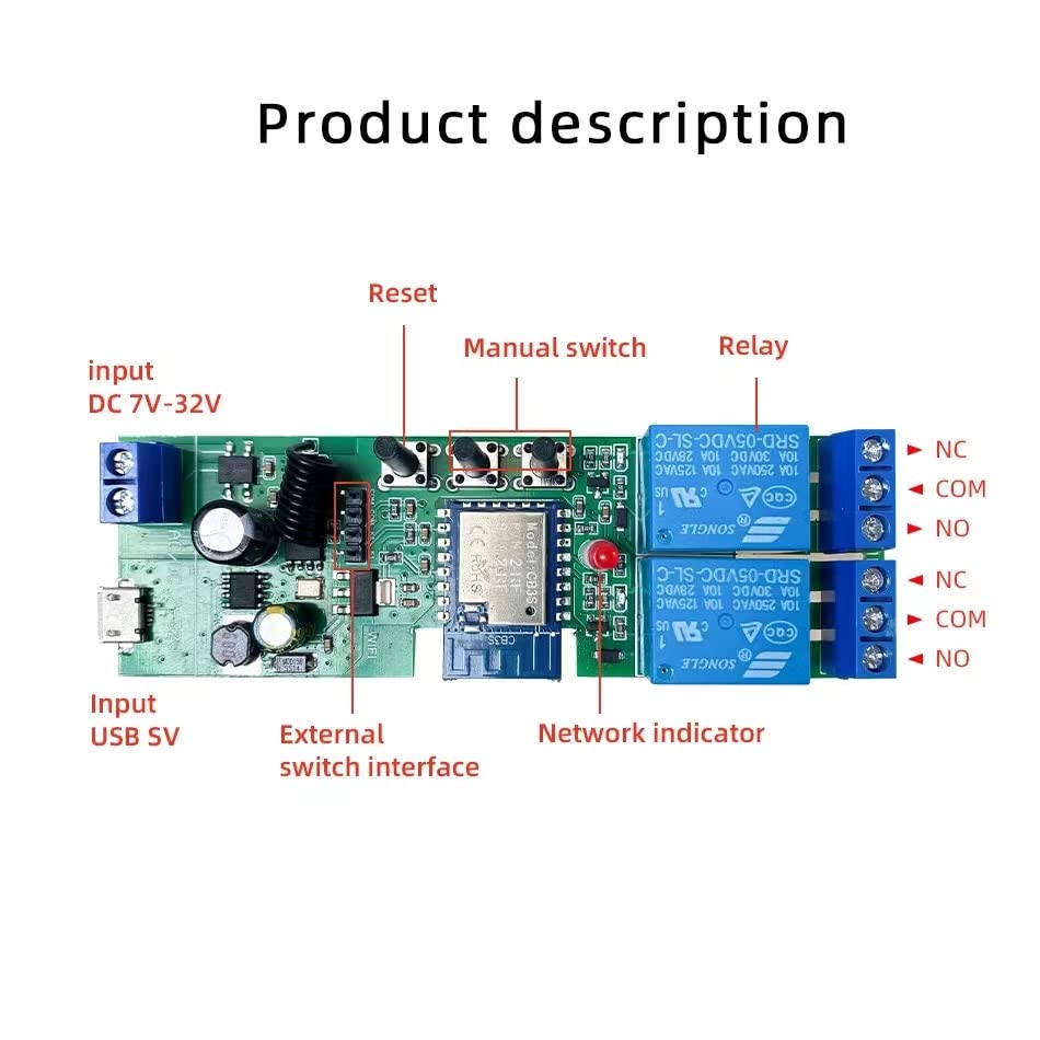 Yitouniu 2 Channel Tuya Smart Life Wifi Momentary Inching Relay Self Locking Switch Module,Dc/Ac 7 32V Wifi Rf Bluetooth Relay,